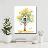 Paint by Numbers Art Illustration Pink Tree House with Blue Railing in Yellow Tree